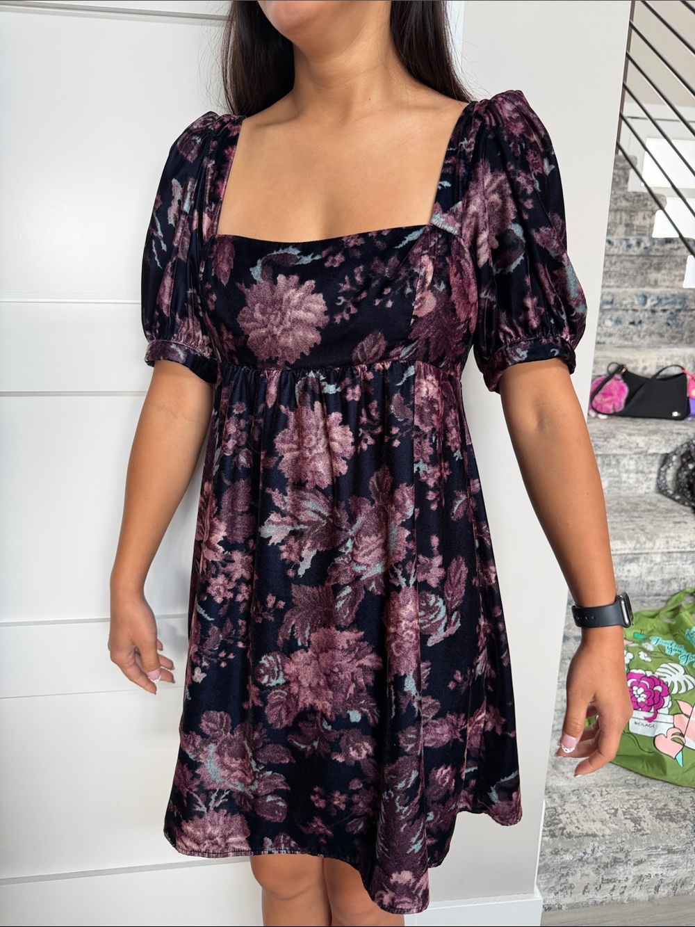 Urban Outfitters Black Floral Square-Neck Puff Sleeve Dress size Medium